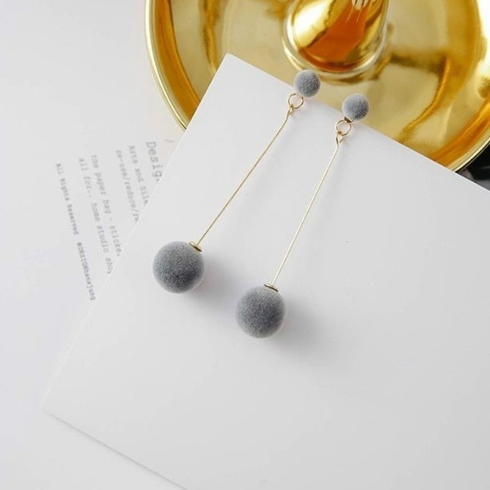 Gray Pom Pom Drop Earrings